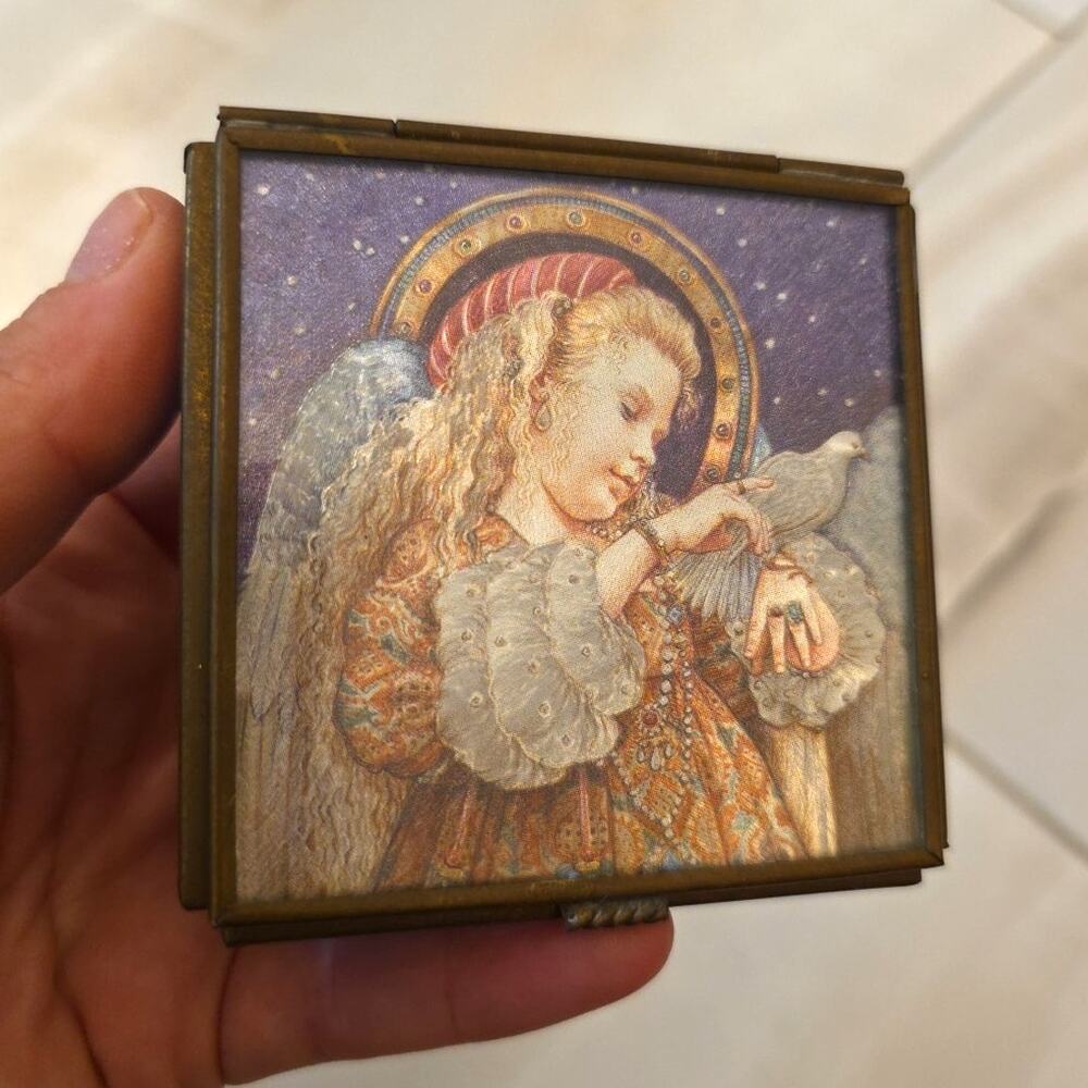 Vintage Angel Music Box Keepsake‎ Jewelry Box Etched Glass Gold Tone